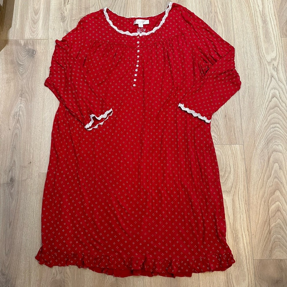 EILEEN WEST 100% MODAL KNIT GOWN LONG SLV Red Lace Cottagecore Trad Wife Sz 3X